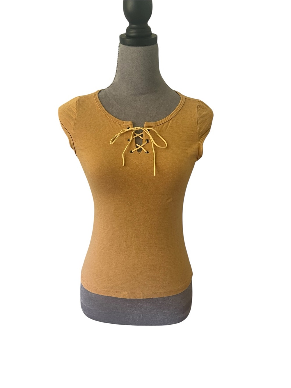 San Joy Mustard Lace-Up Cap Sleeve Top